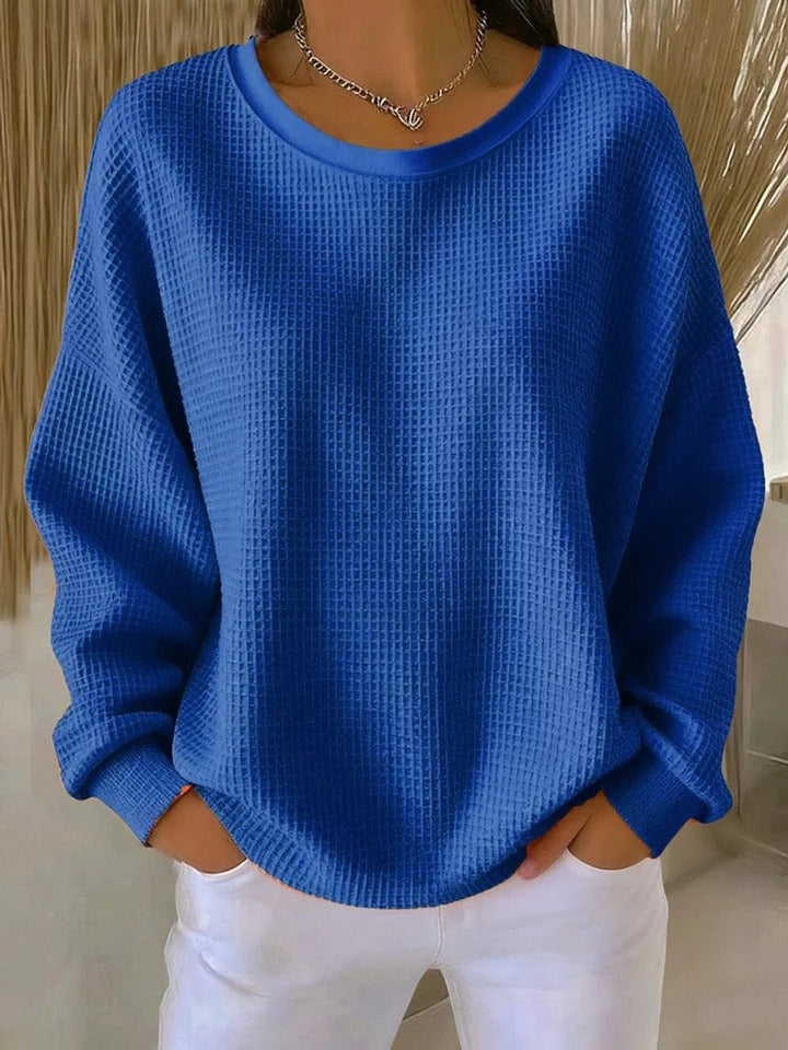 Dames Oversized Wafelstructuur Ronde Hals Pullover Sweater - Blauw