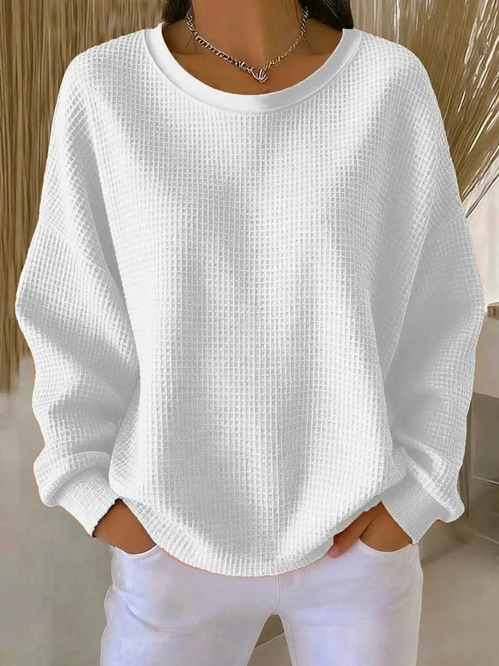 Dames Oversized Wafelstructuur Ronde Hals Pullover Sweater - Wit