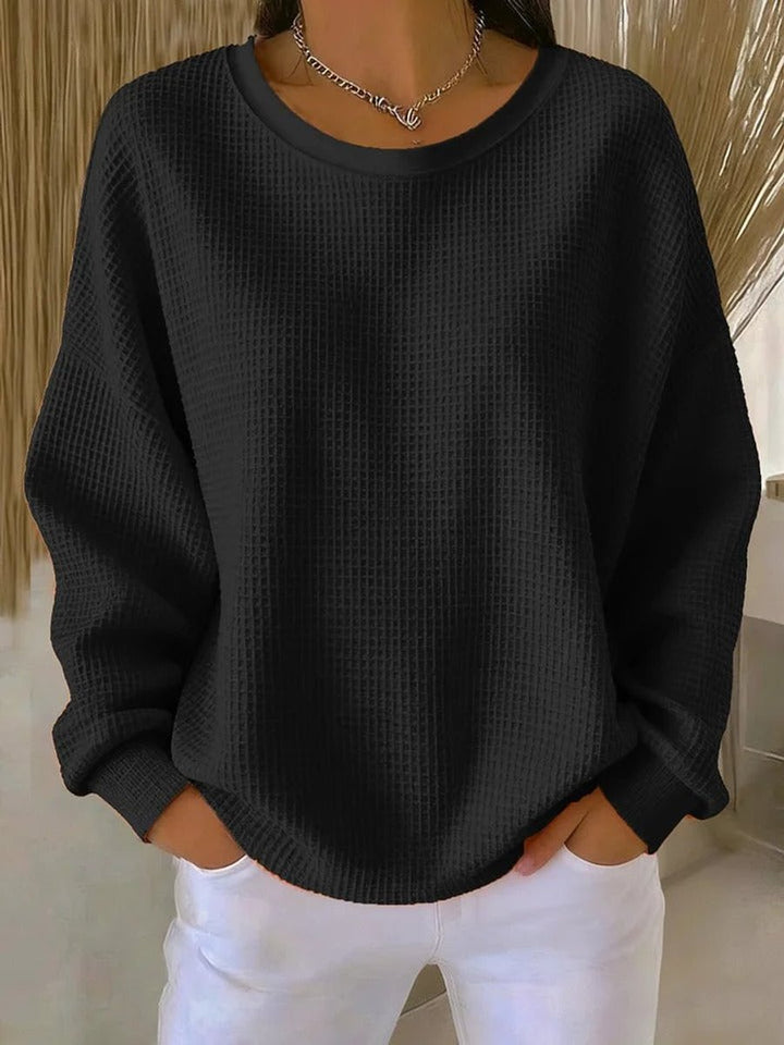 Dames Oversized Wafelstructuur Ronde Hals Pullover Sweater - Zwart