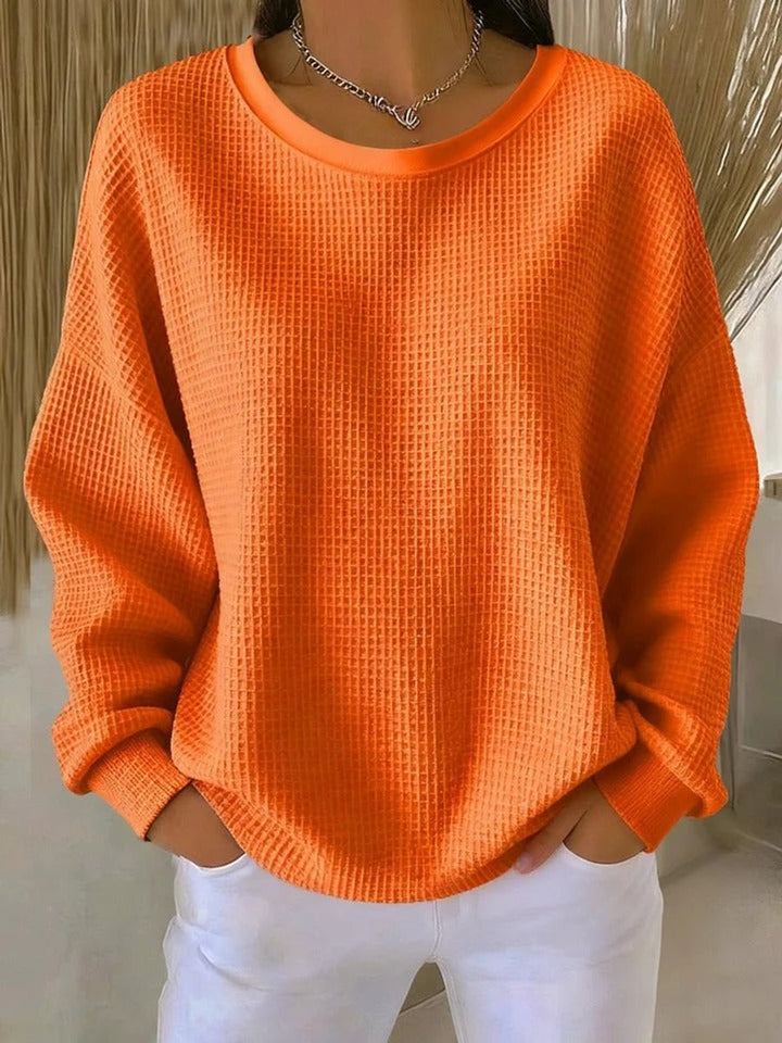 Dames Oversized Wafelstructuur Ronde Hals Pullover Sweater - Oranje