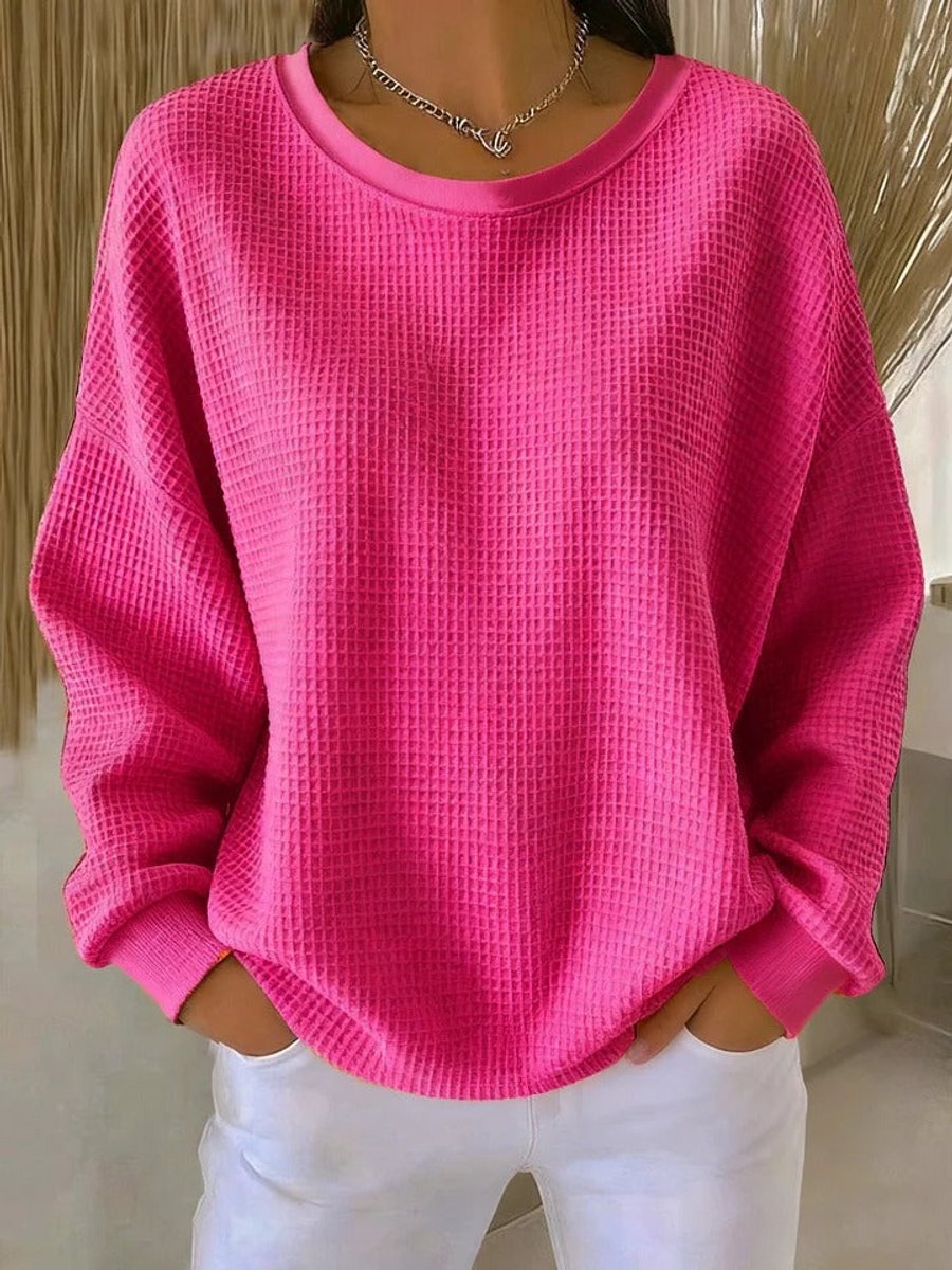Dames Oversized Wafelstructuur Ronde Hals Pullover Sweater - Felroze