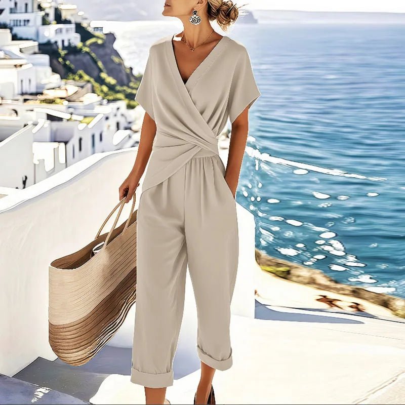 Dames Oversized Wrap V-Hals Korte Mouw Jumpsuit - Apricot