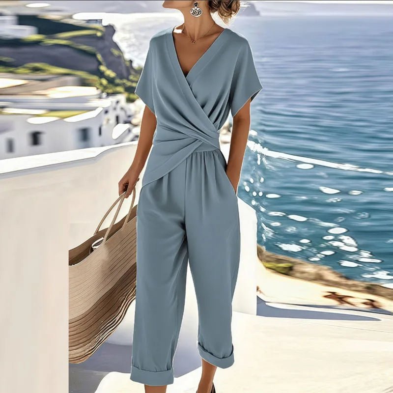 Dames Oversized Wrap V-Hals Korte Mouw Jumpsuit - Blue