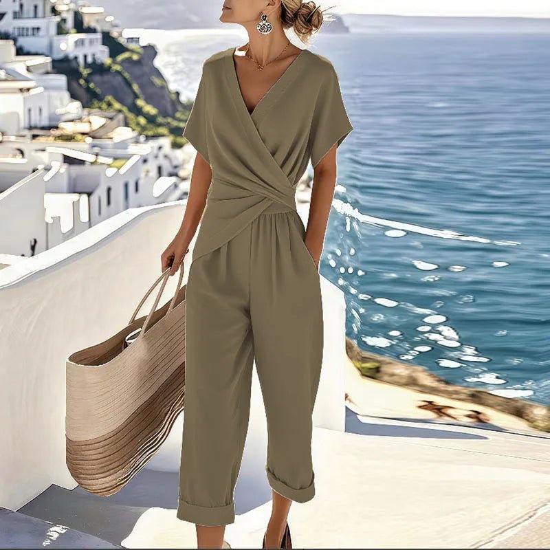 Dames Oversized Wrap V-Hals Korte Mouw Jumpsuit - Khaki