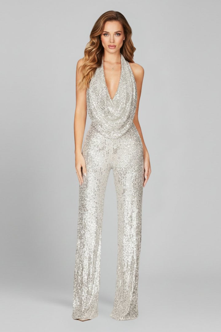 Dames Pailletten Halter Jumpsuit met Wide Leg Broek Open Rug - Zilver