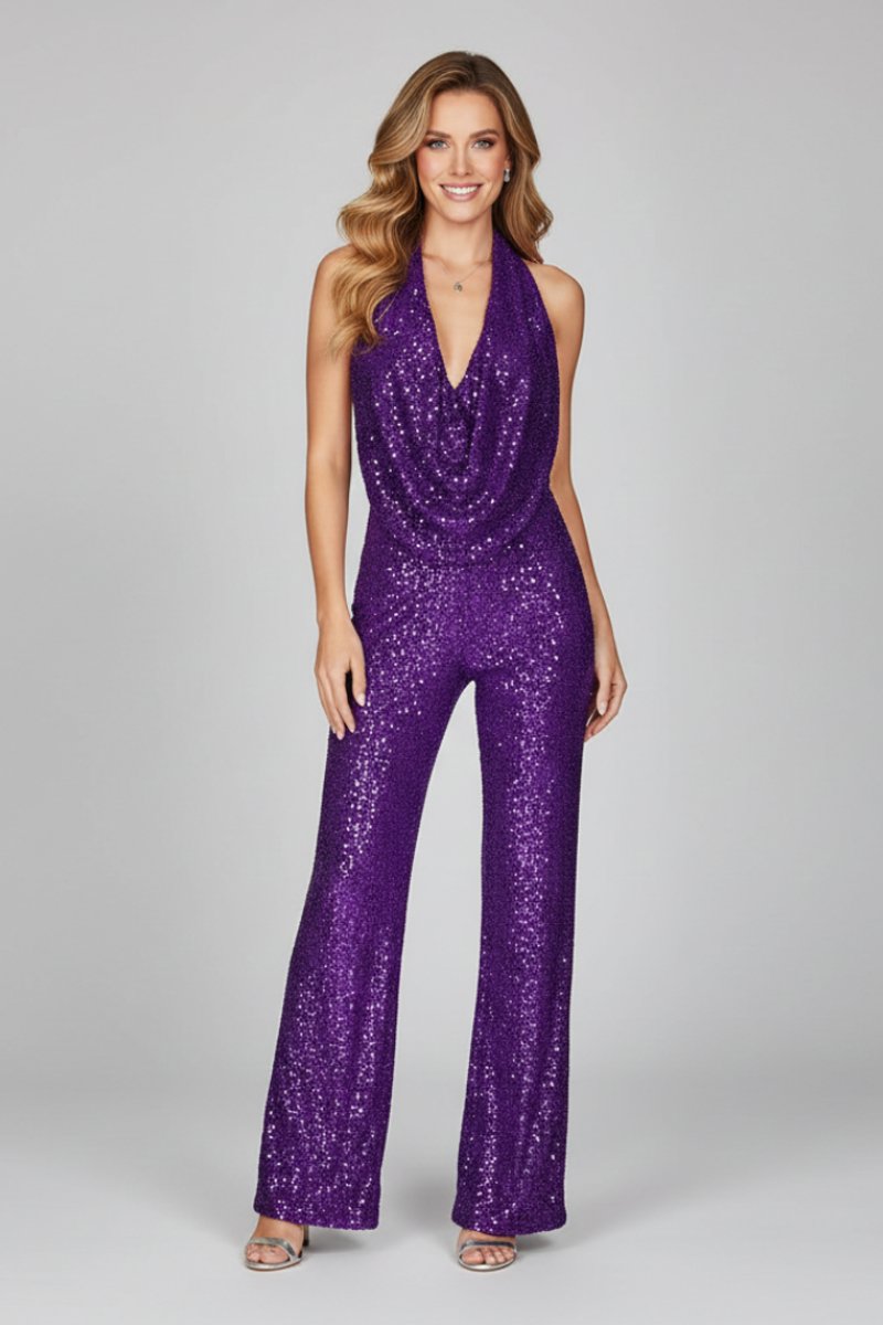 Dames Pailletten Halter Jumpsuit met Wide Leg Broek Open Rug - Paars
