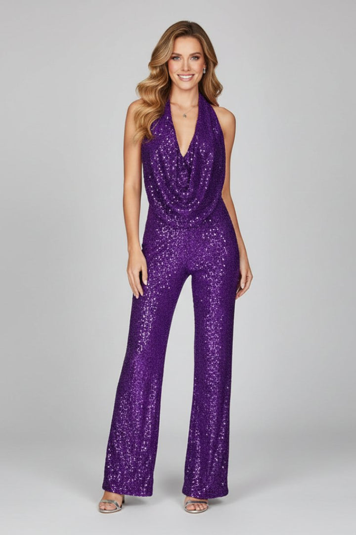Dames Pailletten Halter Jumpsuit met Wide Leg Broek Open Rug - Paars