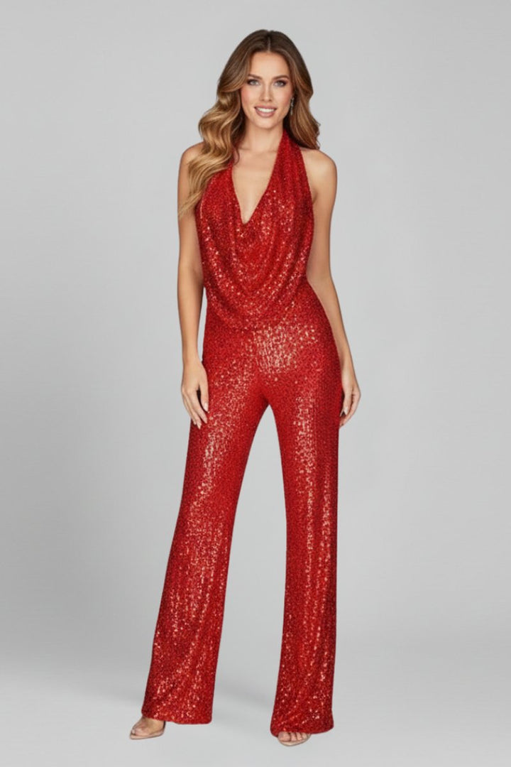Dames Pailletten Halter Jumpsuit met Wide Leg Broek Open Rug - Rood