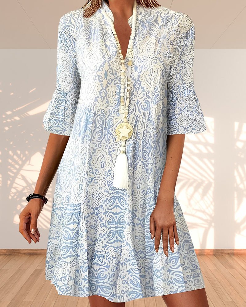 Dames Paisley Print V-Hals Driekwart Mouw Jurk - Blue
