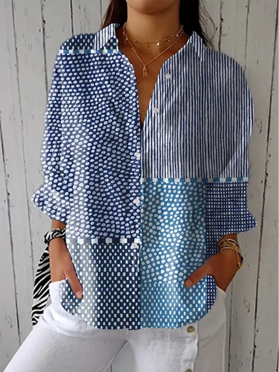 Dames Patchwork Blouse Lange Mouwen V-hals Knoop - Multicolor