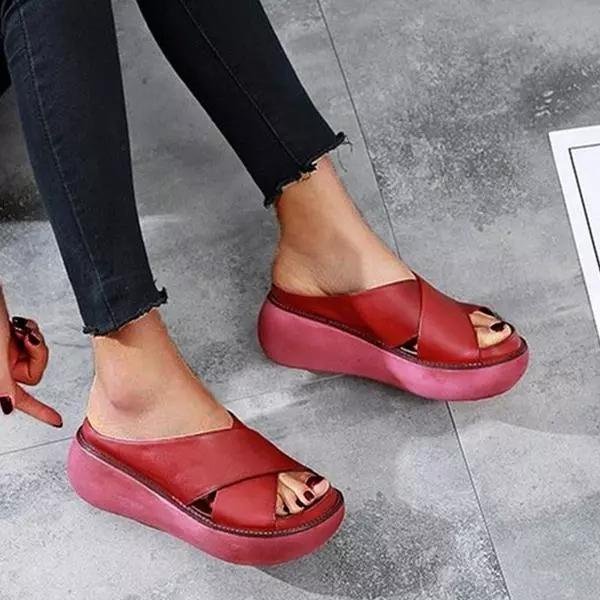 Dames Platte Gekruiste Bandjes Comfort Sandalen - Red
