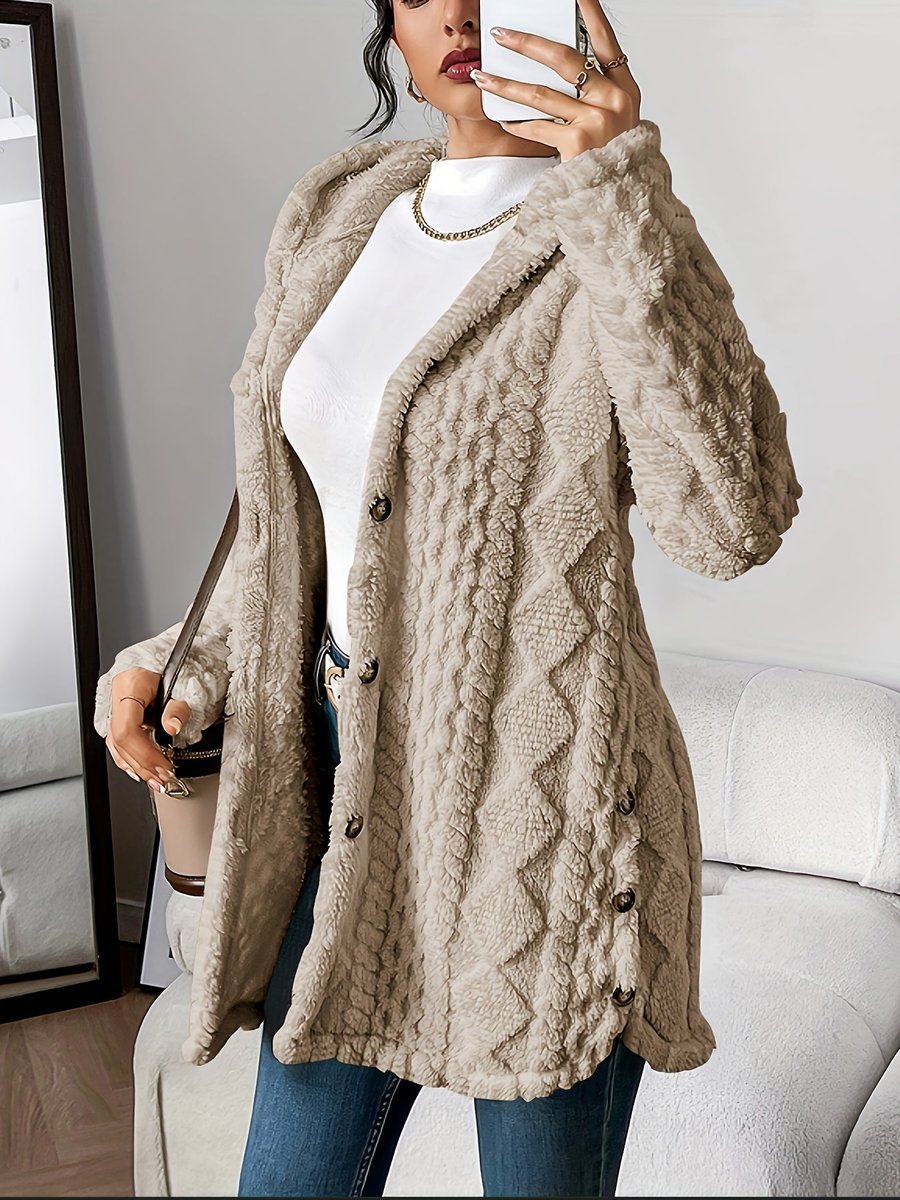 Dames Pluche Hooded Longline Cardigan met Knoopsluiting - Khaki