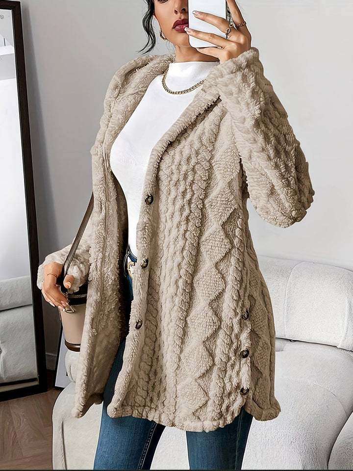 Dames Pluche Hooded Longline Cardigan met Knoopsluiting - Khaki