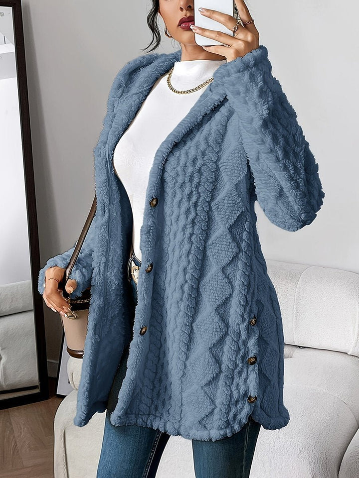 Dames Pluche Hooded Longline Cardigan met Knoopsluiting - Denim Blauw