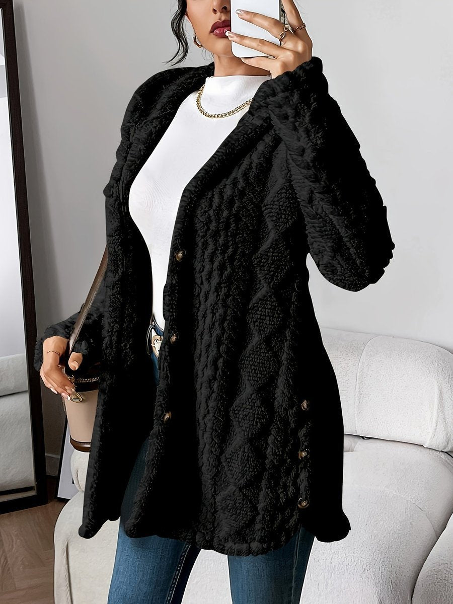 Dames Pluche Hooded Longline Cardigan met Knoopsluiting - Zwart