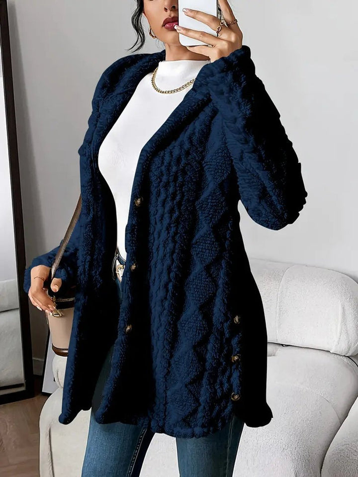Dames Pluche Hooded Longline Cardigan met Knoopsluiting - Marineblauw