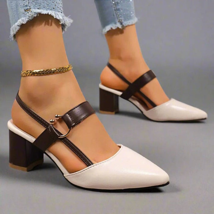 Dames Puntige Teen T-band Blokhakken - Beige