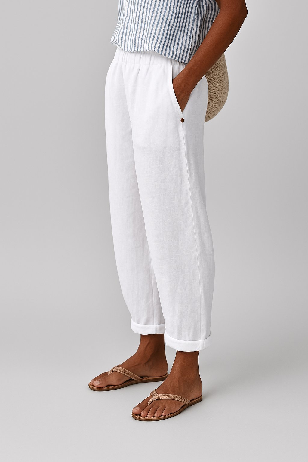 Dames Rechte-Pijp Lichte Broek met Zijzakken - White
