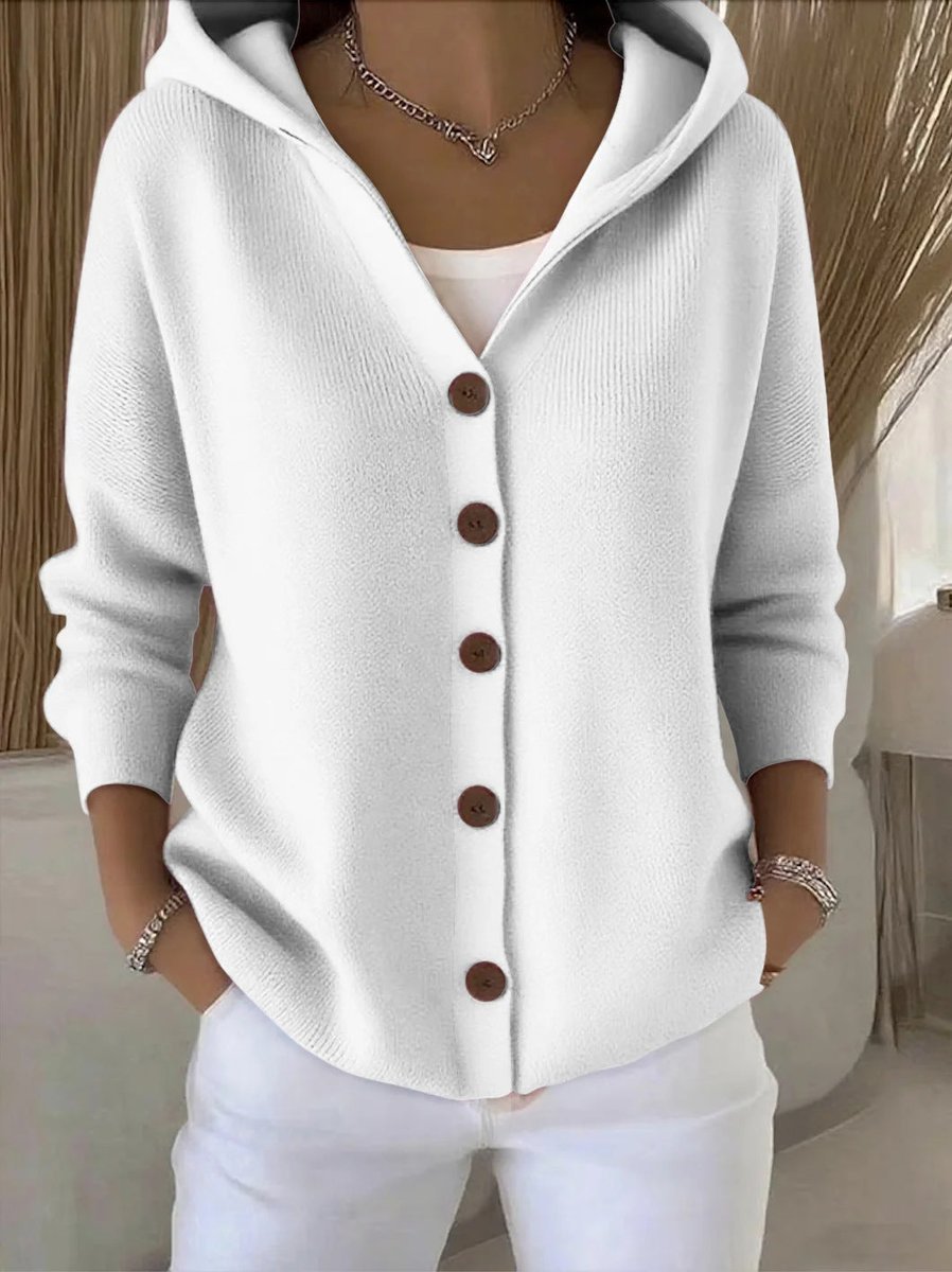 Dames Relaxed-Fit Gebreide Cardigan Met Capuchon Knoopsluiting - Wit