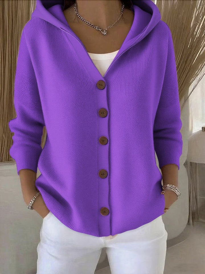 Dames Relaxed-Fit Gebreide Cardigan Met Capuchon Knoopsluiting - Paars