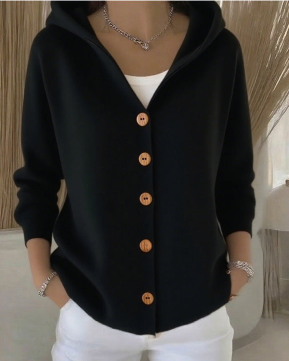 Dames Relaxed-Fit Gebreide Cardigan Met Capuchon Knoopsluiting - Zwart