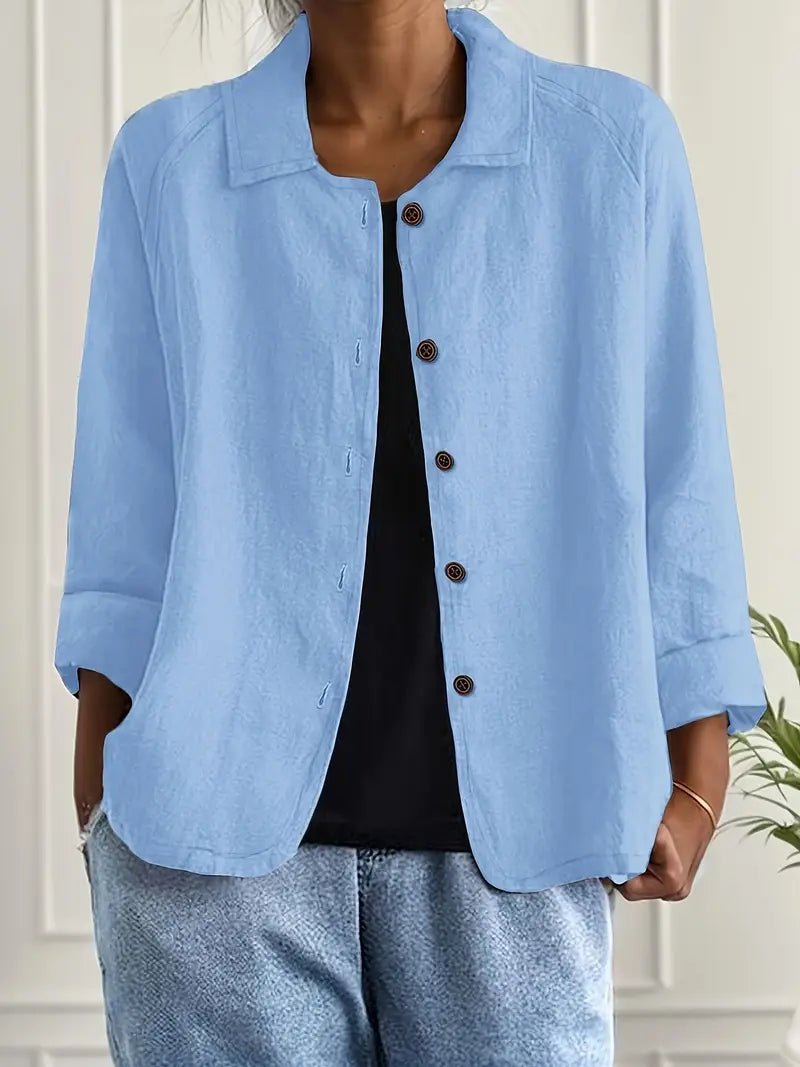 Dames Relaxed-Fit Gekraagde Knoopsluiting Blazer met Lange Mouwen - Light Blue