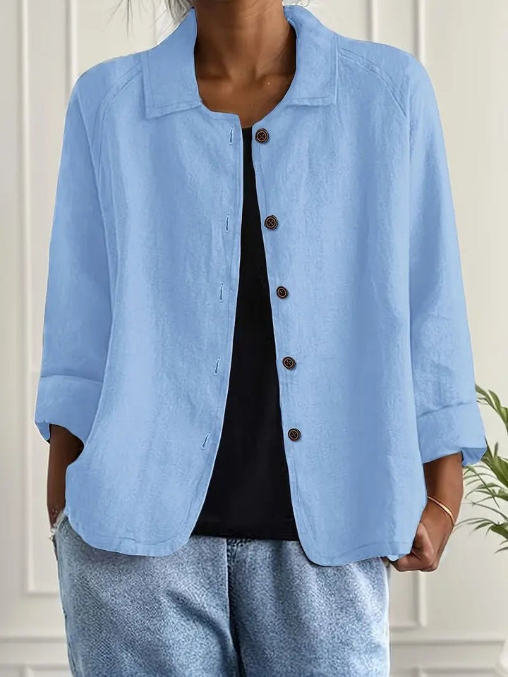 Dames Relaxed-Fit Gekraagde Knoopsluiting Blazer met Lange Mouwen - Light Blue