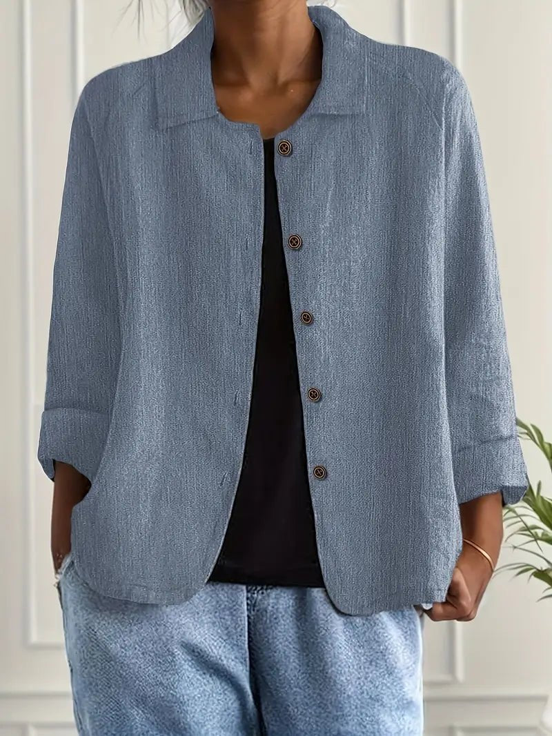 Dames Relaxed-Fit Gekraagde Knoopsluiting Blazer met Lange Mouwen - Blue