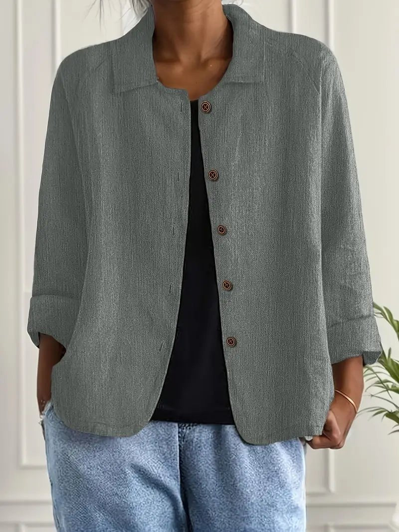 Dames Relaxed-Fit Gekraagde Knoopsluiting Blazer met Lange Mouwen - Grey