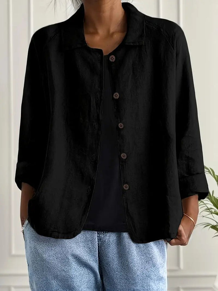 Dames Relaxed-Fit Gekraagde Knoopsluiting Blazer met Lange Mouwen - Black