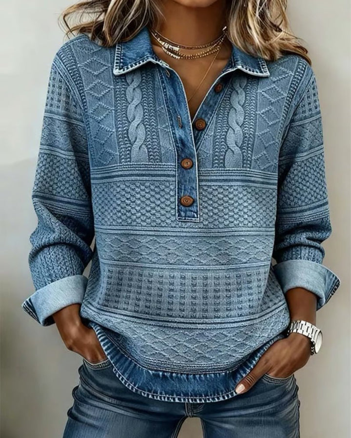 Dames Relaxed-Fit Half-Button Gestructureerde Sweatshirt met Kraag - Blue
