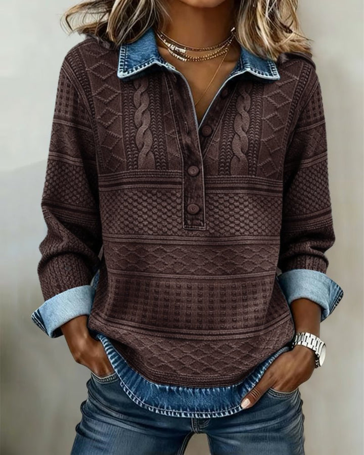 Dames Relaxed-Fit Half-Button Gestructureerde Sweatshirt met Kraag - Coffee