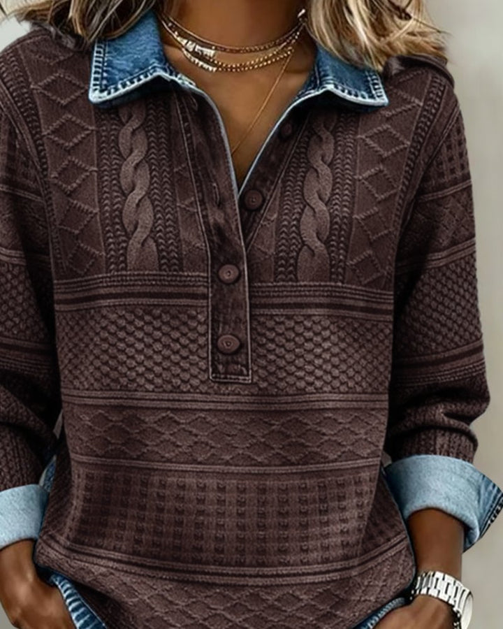 Dames Relaxed-Fit Half-Button Gestructureerde Sweatshirt met Kraag
