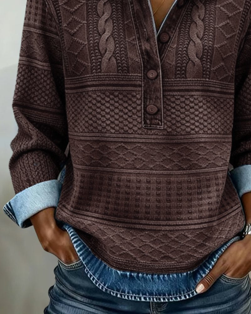 Dames Relaxed-Fit Half-Button Gestructureerde Sweatshirt met Kraag