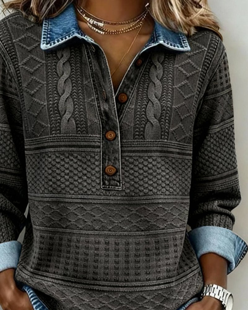 Dames Relaxed-Fit Half-Button Gestructureerde Sweatshirt met Kraag