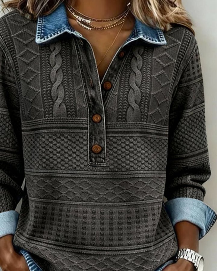 Dames Relaxed-Fit Half-Button Gestructureerde Sweatshirt met Kraag