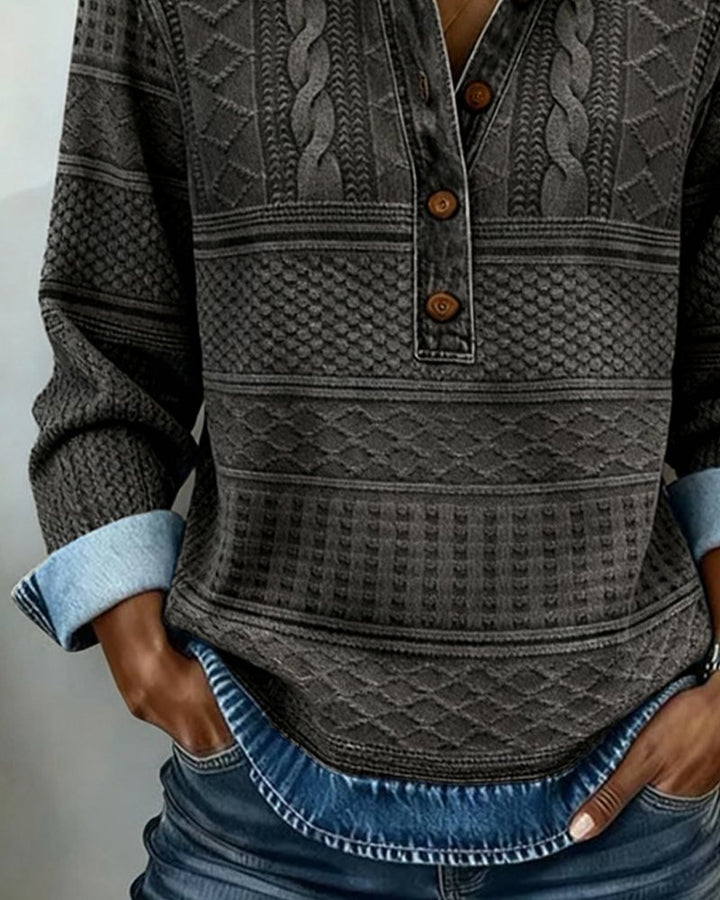 Dames Relaxed-Fit Half-Button Gestructureerde Sweatshirt met Kraag