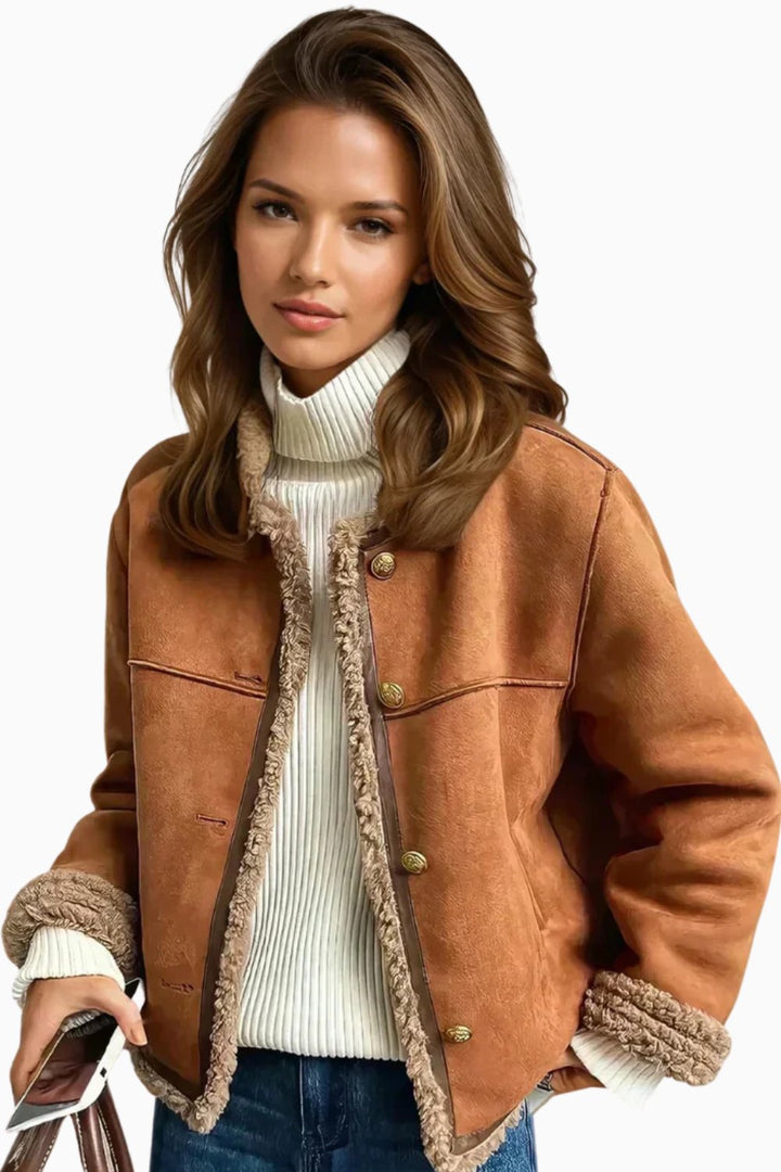 Dames Relaxed-Fit Knoopsluiting Sherpa-Gevoerde Suède Jas