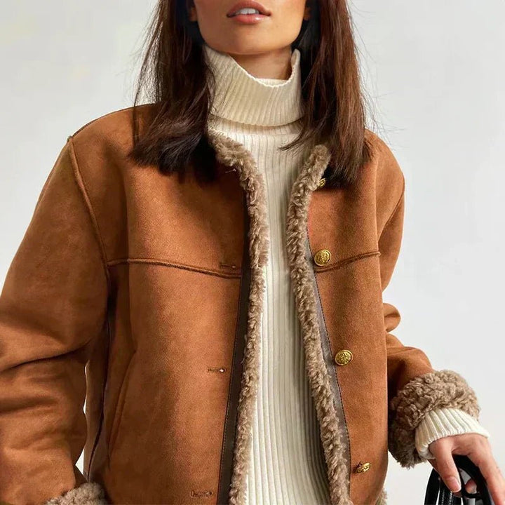 Dames Relaxed-Fit Knoopsluiting Sherpa-Gevoerde Suède Jas