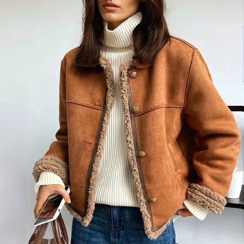 Dames Relaxed-Fit Knoopsluiting Sherpa-Gevoerde Suède Jas - Brown