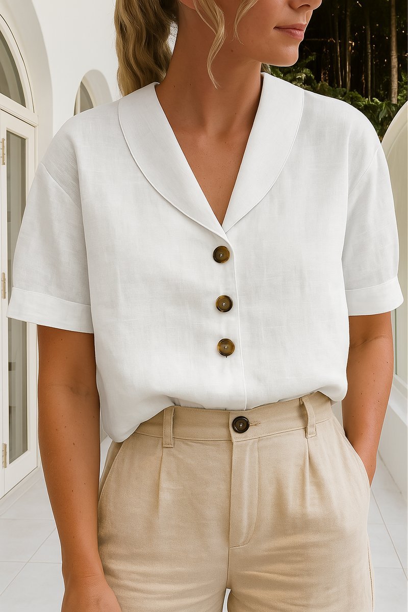 Dames Relaxed-Fit Korte Mouw Knoopsluiting Kraag Blouse - Wit