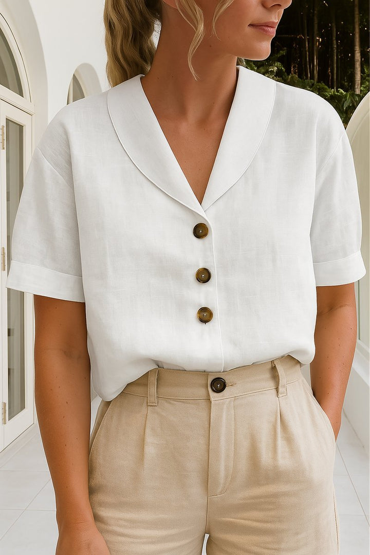 Dames Relaxed-Fit Korte Mouw Knoopsluiting Kraag Blouse - Wit