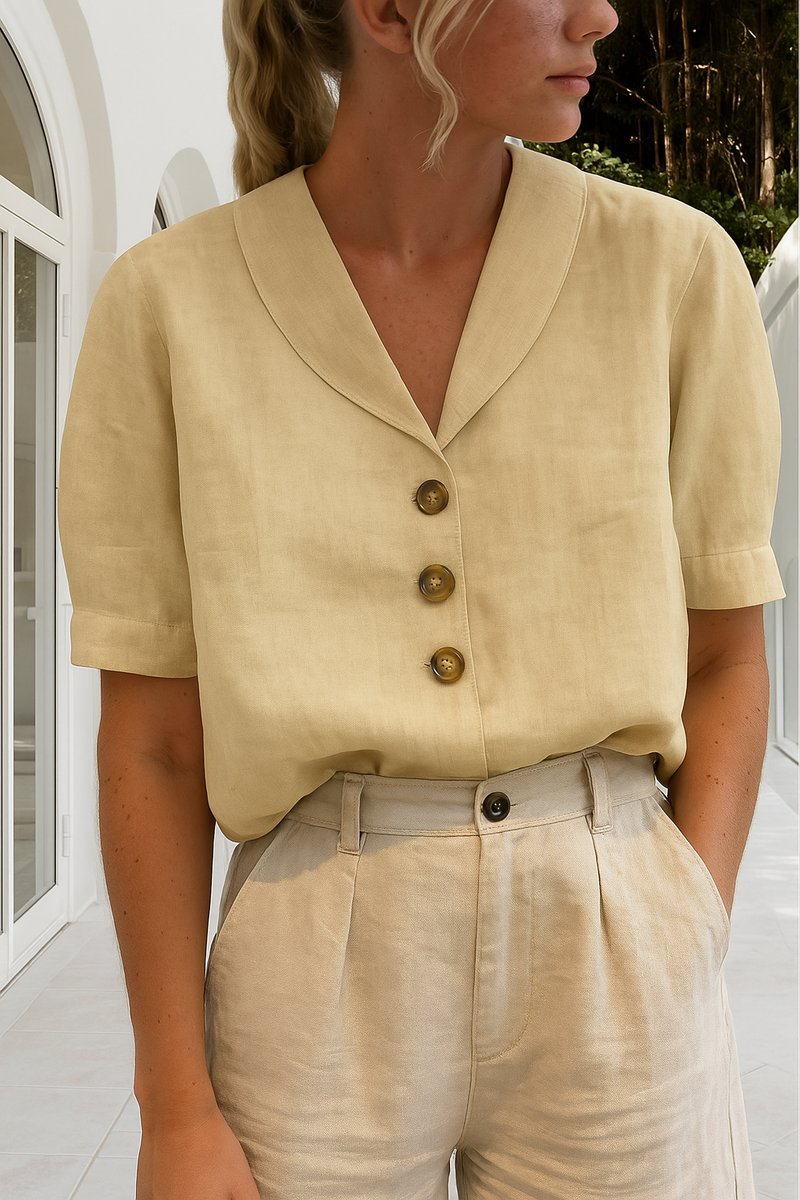 Dames Relaxed-Fit Korte Mouw Knoopsluiting Kraag Blouse - Beige