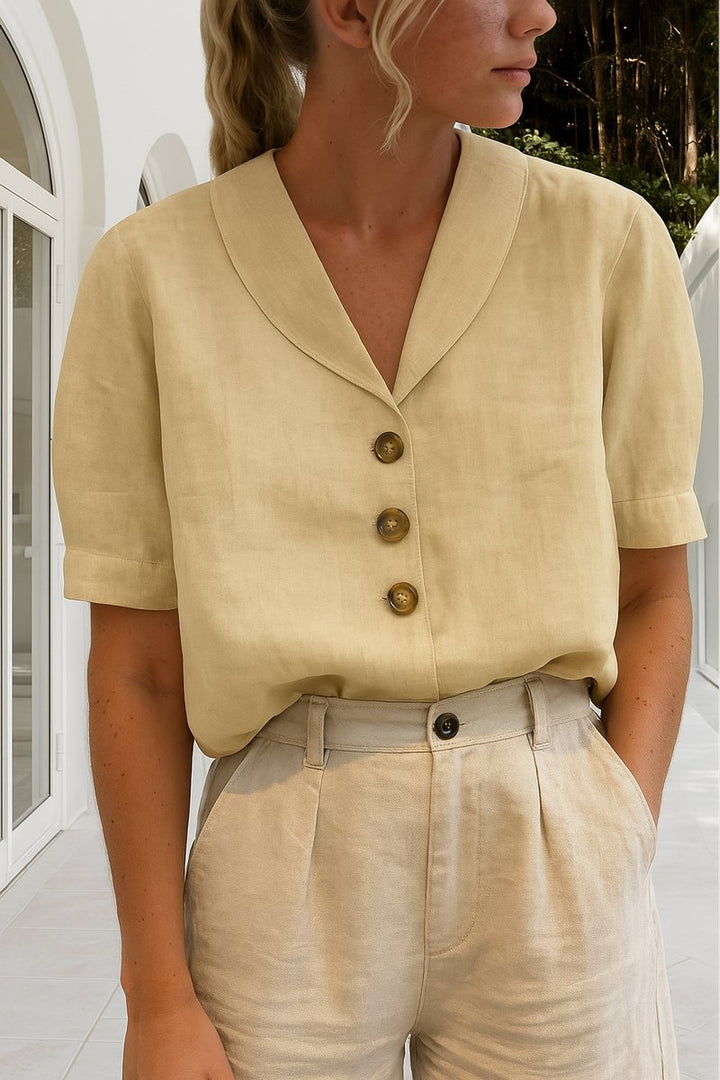 Dames Relaxed-Fit Korte Mouw Knoopsluiting Kraag Blouse - Beige