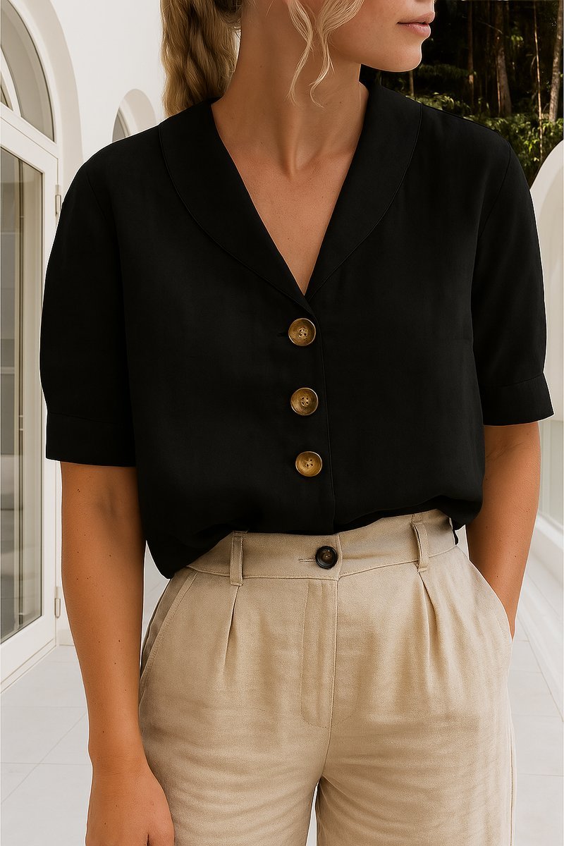 Dames Relaxed-Fit Korte Mouw Knoopsluiting Kraag Blouse - Zwart