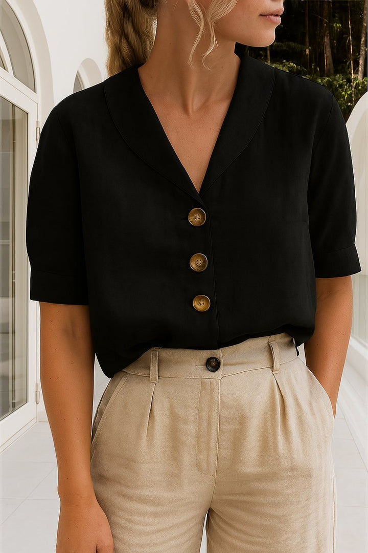 Dames Relaxed-Fit Korte Mouw Knoopsluiting Kraag Blouse - Zwart