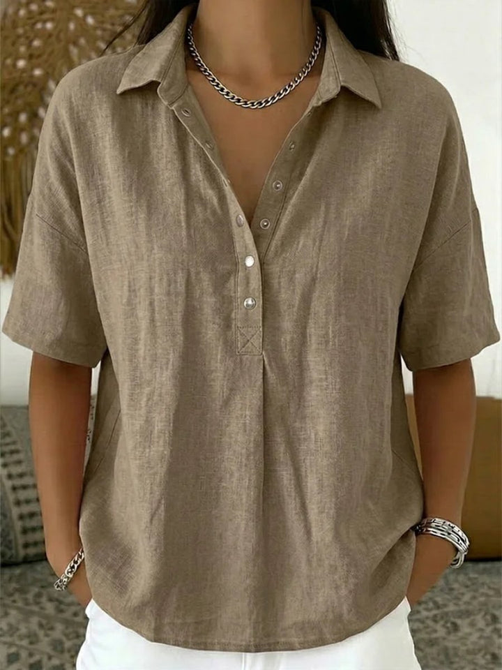 Dames Relaxed-Fit Korte Mouw Linnen Blouse met Knoopsluiting - Khaki
