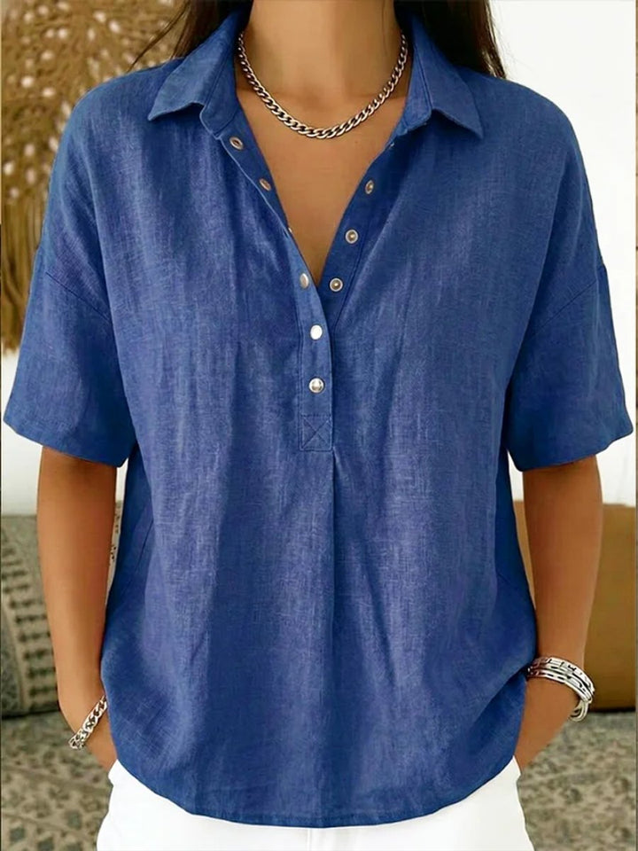 Dames Relaxed-Fit Korte Mouw Linnen Blouse met Knoopsluiting - Blauw