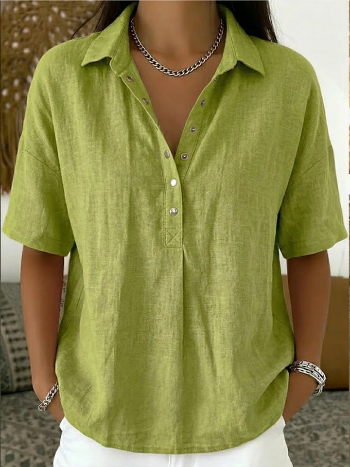 Dames Relaxed-Fit Korte Mouw Linnen Blouse met Knoopsluiting - Groen