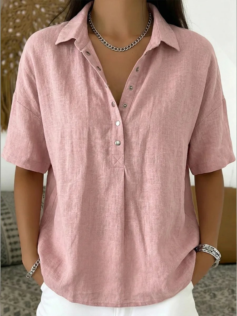 Dames Relaxed-Fit Korte Mouw Linnen Blouse met Knoopsluiting - Roze